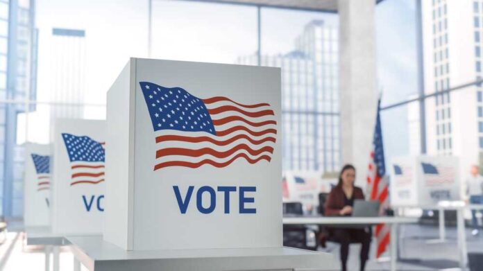 Elections,Day,In,Big,City,Concept.,Modern,Polling,Place,With