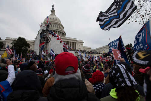 shutterstock_1890489583.jpg Crowd of protesters with flags gathered outside the Capitol building
