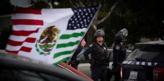 Police officers standing near vehicles with flags in the background
