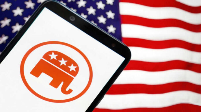 Smartphone displaying red elephant GOP logo USA flag