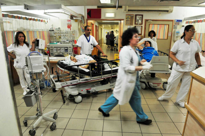 Busy hospital scene with medical staff and patients