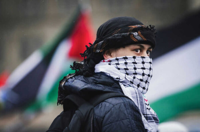 Person wearing keffiyeh and jacket with flag background