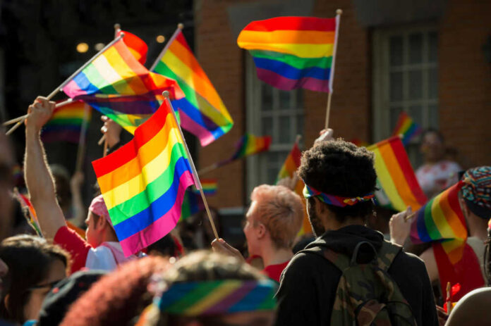 People holding rainbow flags at a pride parade