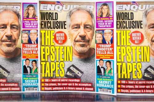 Tabloid magazine covers featuring headlines about Epstein and celebrity news