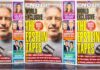 Tabloid magazine covers featuring headlines about Epstein and celebrity news