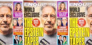 Tabloid magazine covers featuring headlines about Epstein and celebrity news